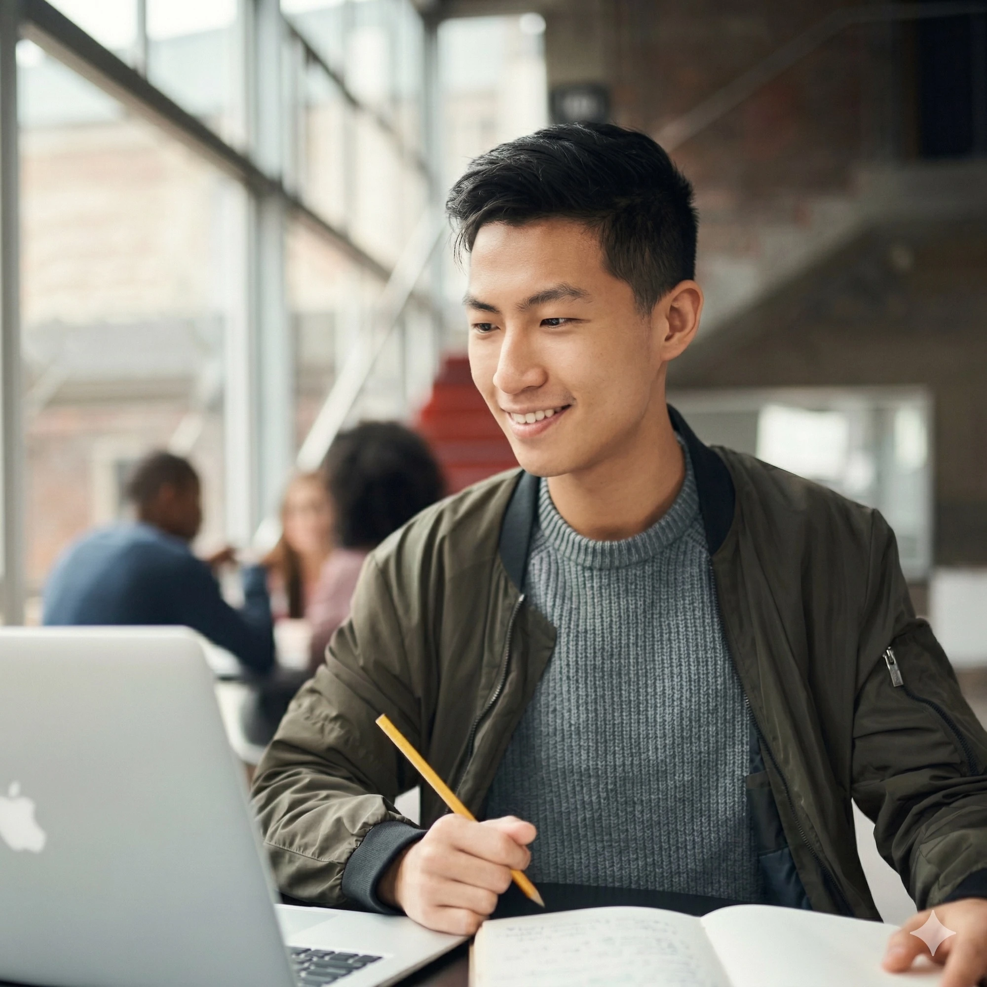 Student sitting in library with computer