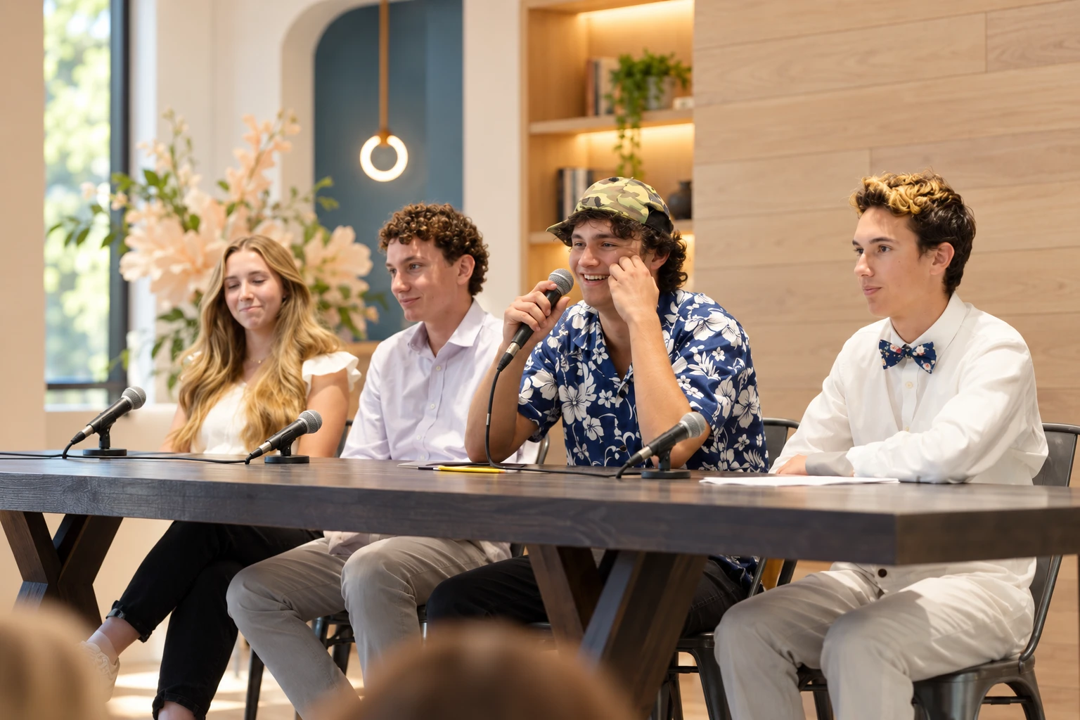 Four young people sit at a panel table with microphones; one smiles while speaking into a handheld mic indoors.