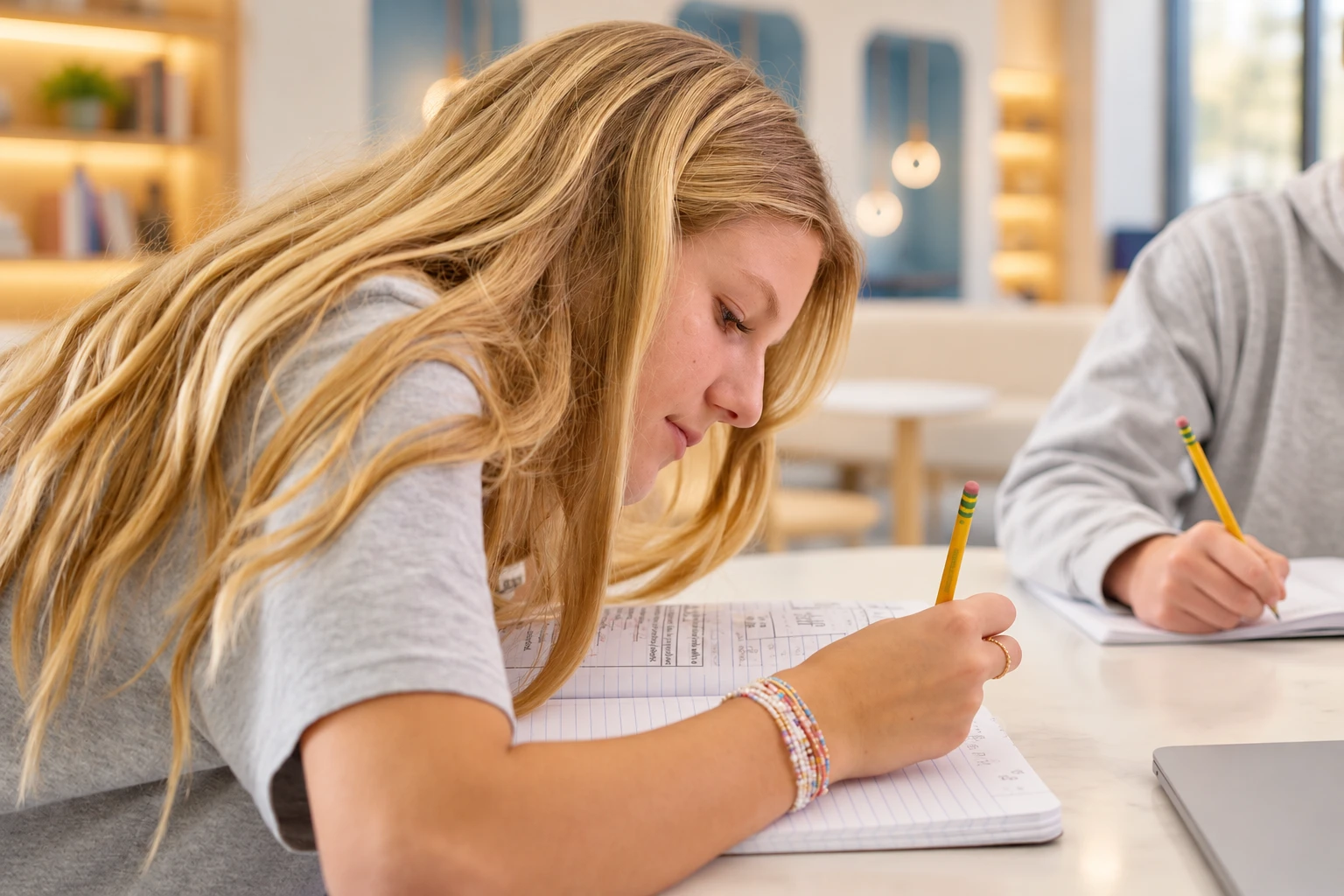 A blonde teenage girl writing in a notebook with a pencil in a bright classroom, with another student writing in the background.