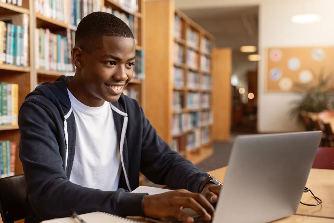 smiling high school student in library, working on laptop
