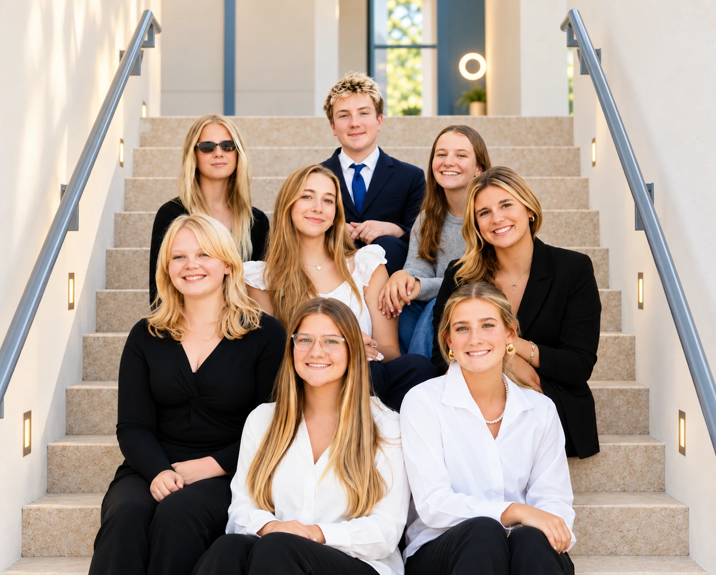 Eight smiling students posed on outdoor stairs, dressed in smart casual attire including black outfits, white tops, and one blue tie.