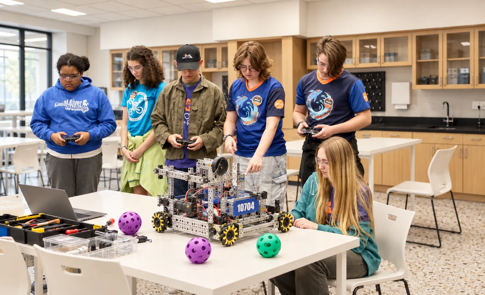 Six students work together on a robotics competition robot in a school lab classroom.
