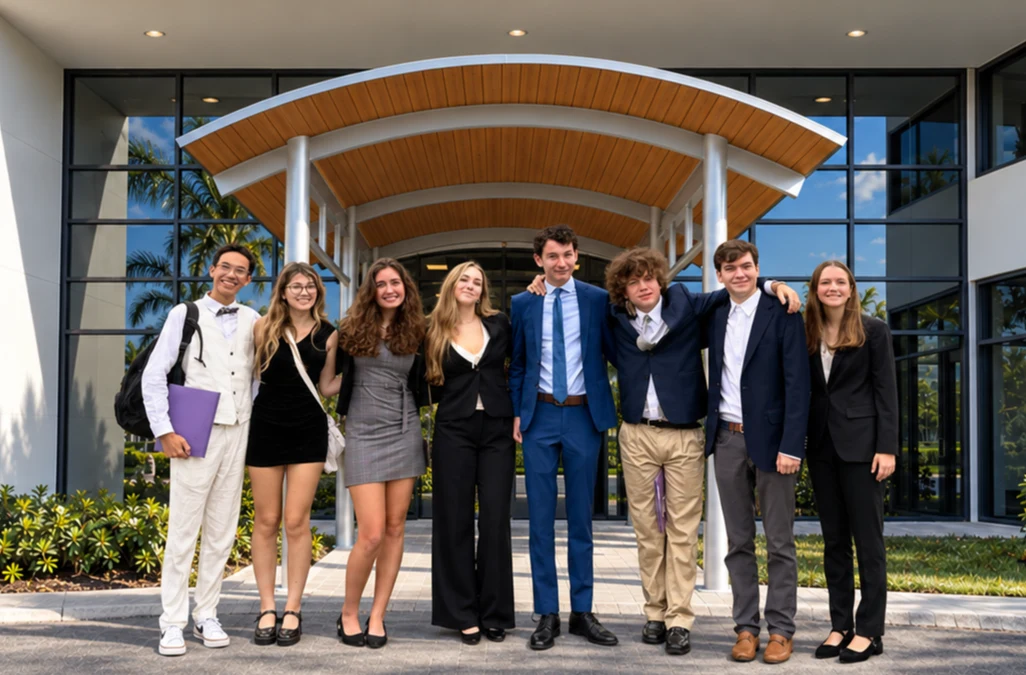 Eight teenagers dressed in formal attire smile together outdoors near a modern building with greenery.