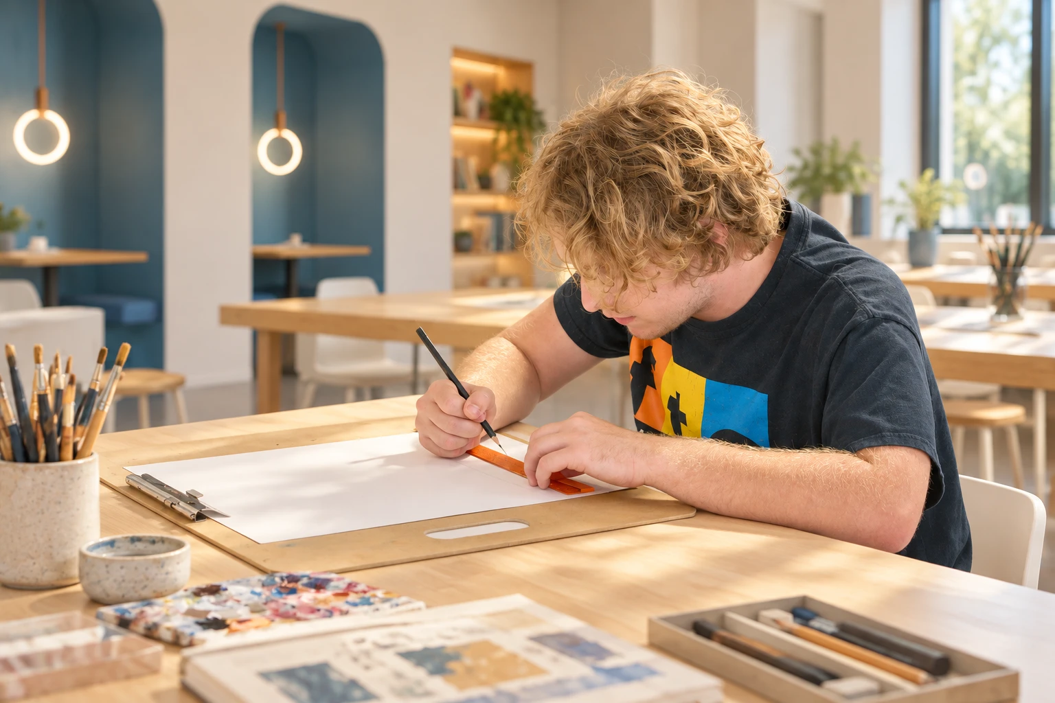A young man with curly hair draws on paper at a wooden table in a bright, modern art studio with blue accents.