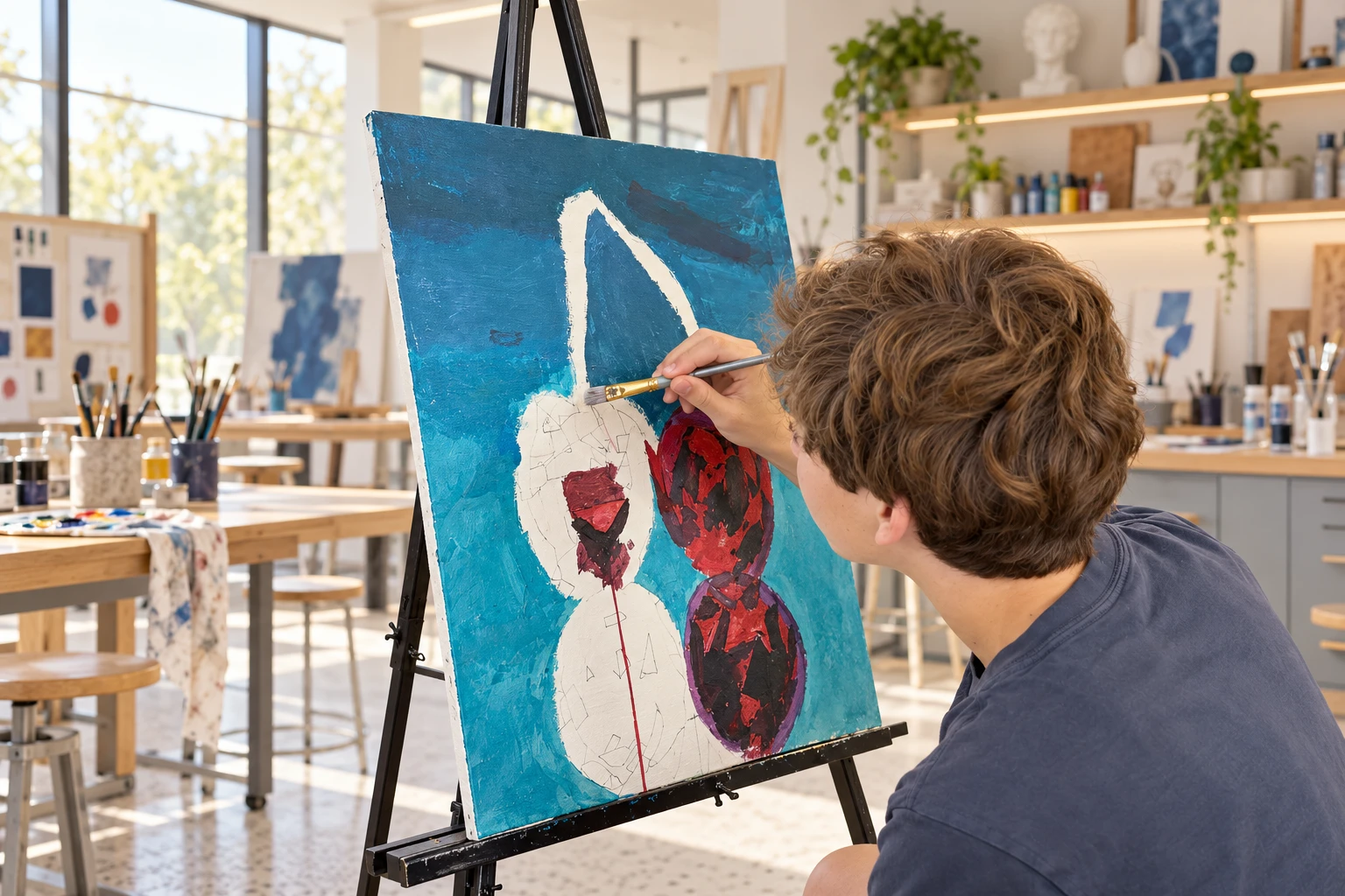 A young man painting a blue canvas with red and white abstract shapes on an easel in a bright art studio.