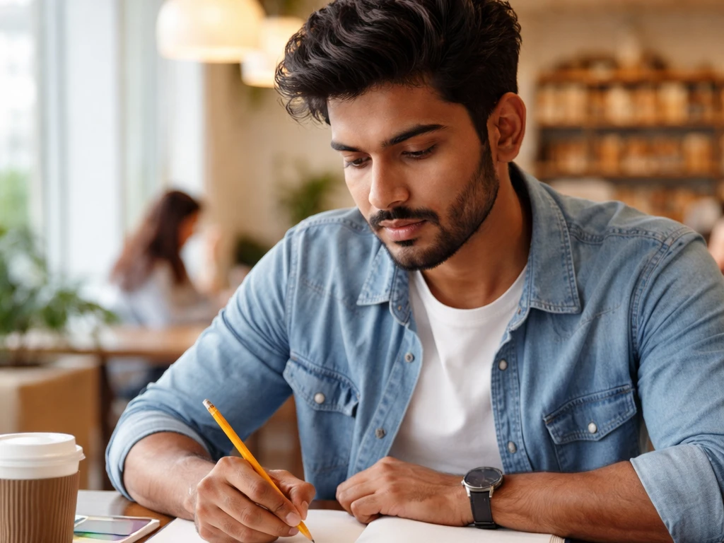 Young man in denim shirt studying for GMAT exam in café with laptop, coffee, and colorful highlighters.