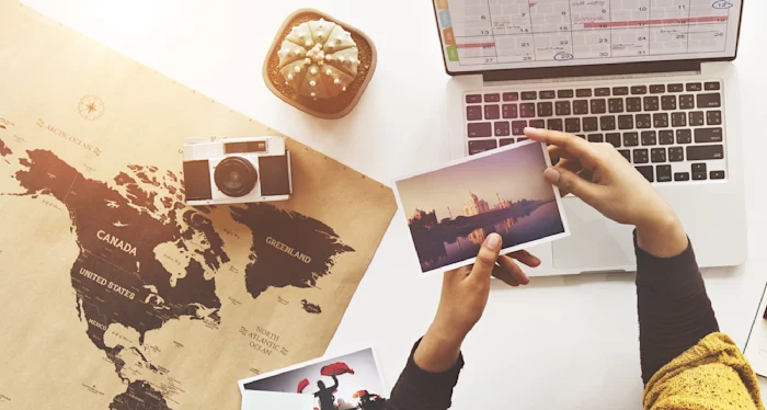 Laptop  / travel photo and map