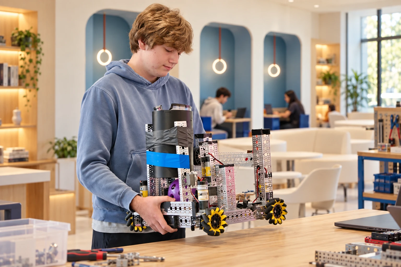 Ohana student in a blue hoodie holds a metal robot with yellow wheels in a modern learning space.