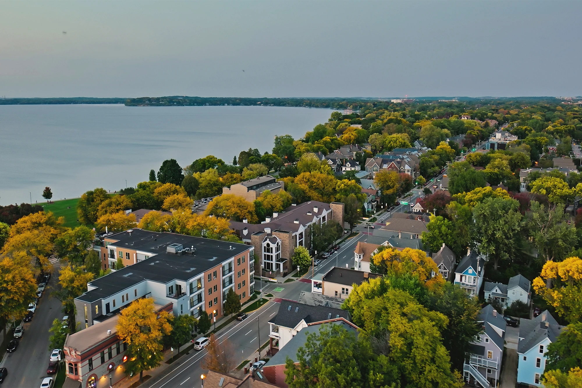 dearborn - high view of lake front neighborhood