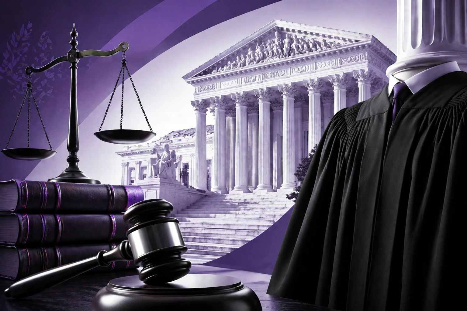 Concept image: Scales of justice, courthouse with columns, judge's gavel, judge's robe