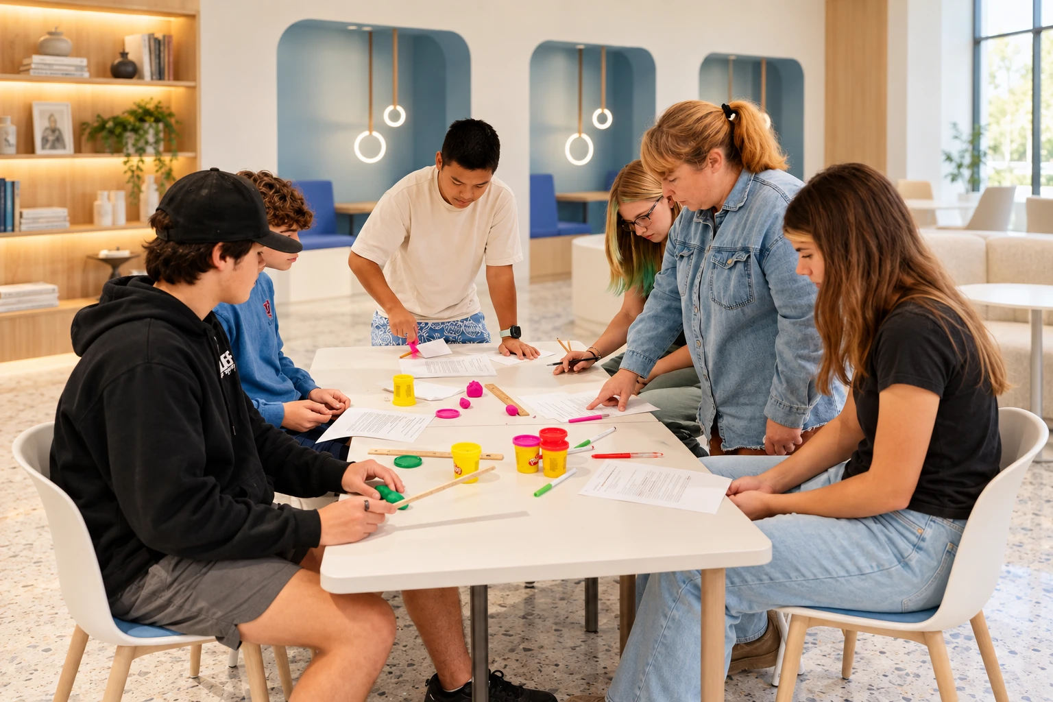 A teacher and five students collaborate around a white table with colorful Play-Doh and papers in a modern, bright room.