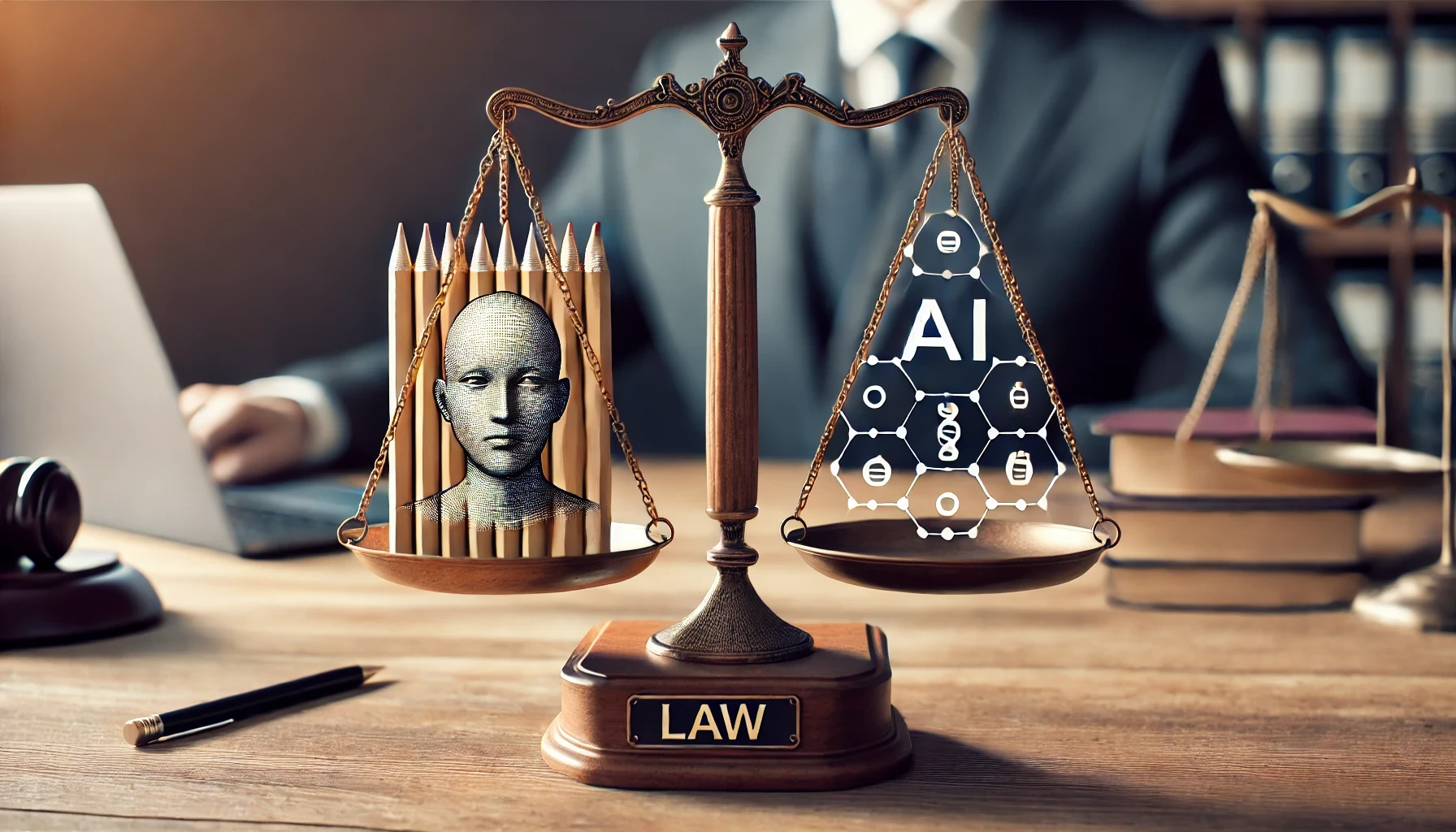 A law balancing scale in a professional setting, symbolizing the debate on AI in law school admissions. One side of the scale holds traditional wooden