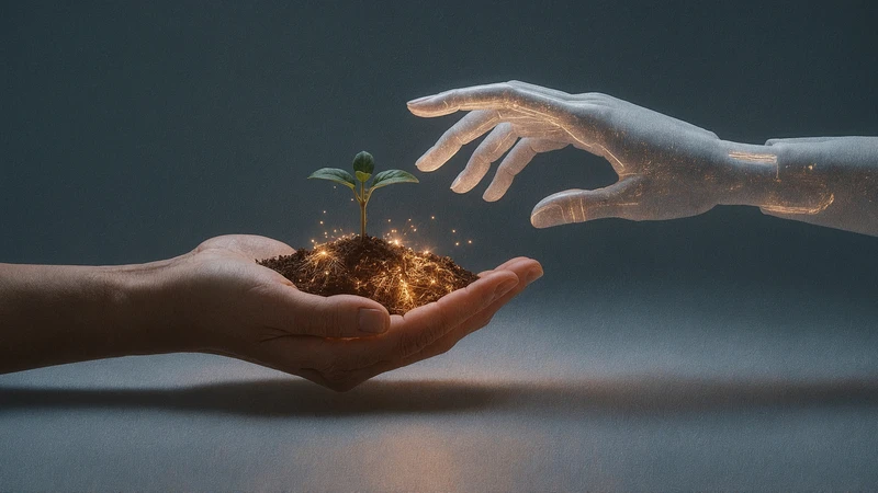 Human hand holding a small plant with an AI hand above it infusing tech