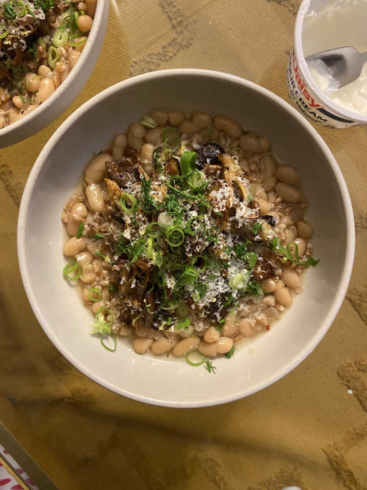 Brothy beans with crispy mushrooms and parmesean