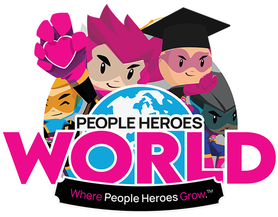 People Heroes World title graphic, with a globe and comic book style superheroes around it