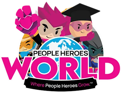 People Heroes World title graphic, with a globe and comic book style superheroes around it