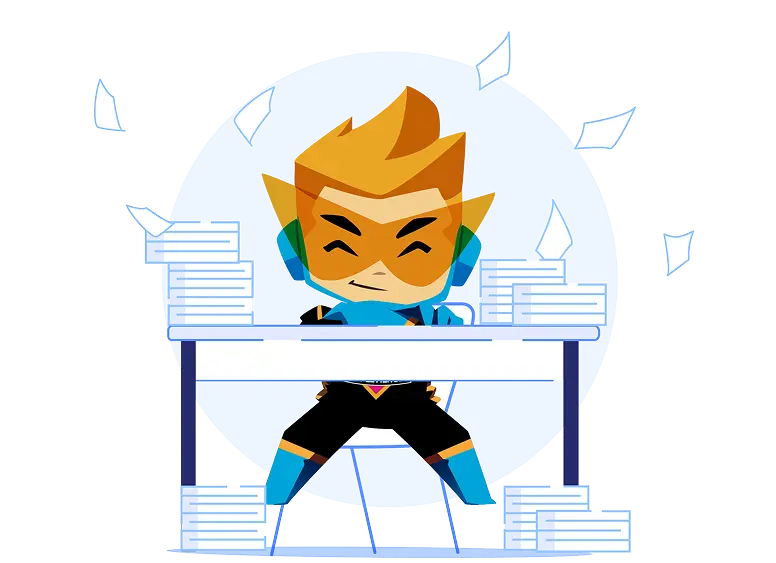superhero at desk with papers