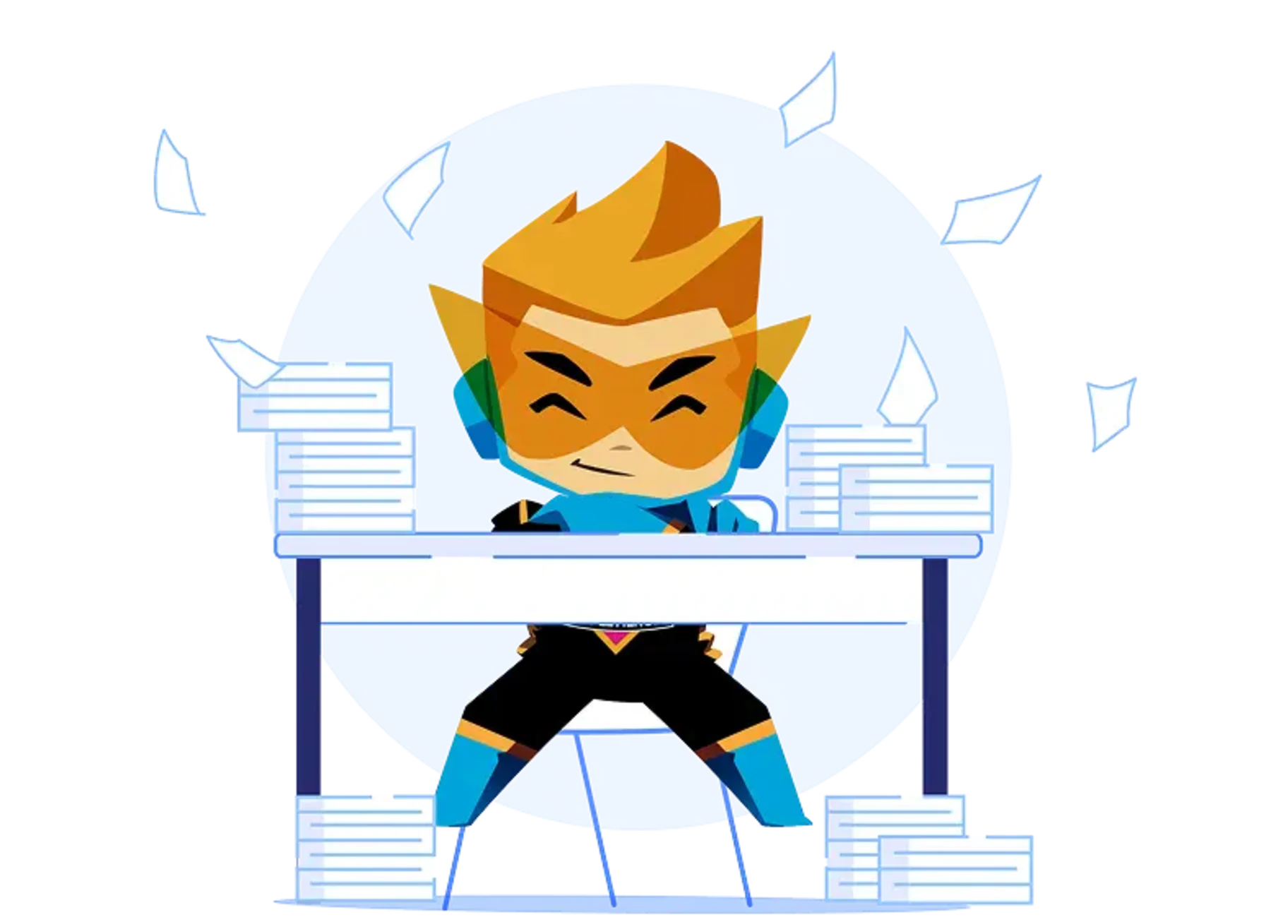 superhero at desk with papers