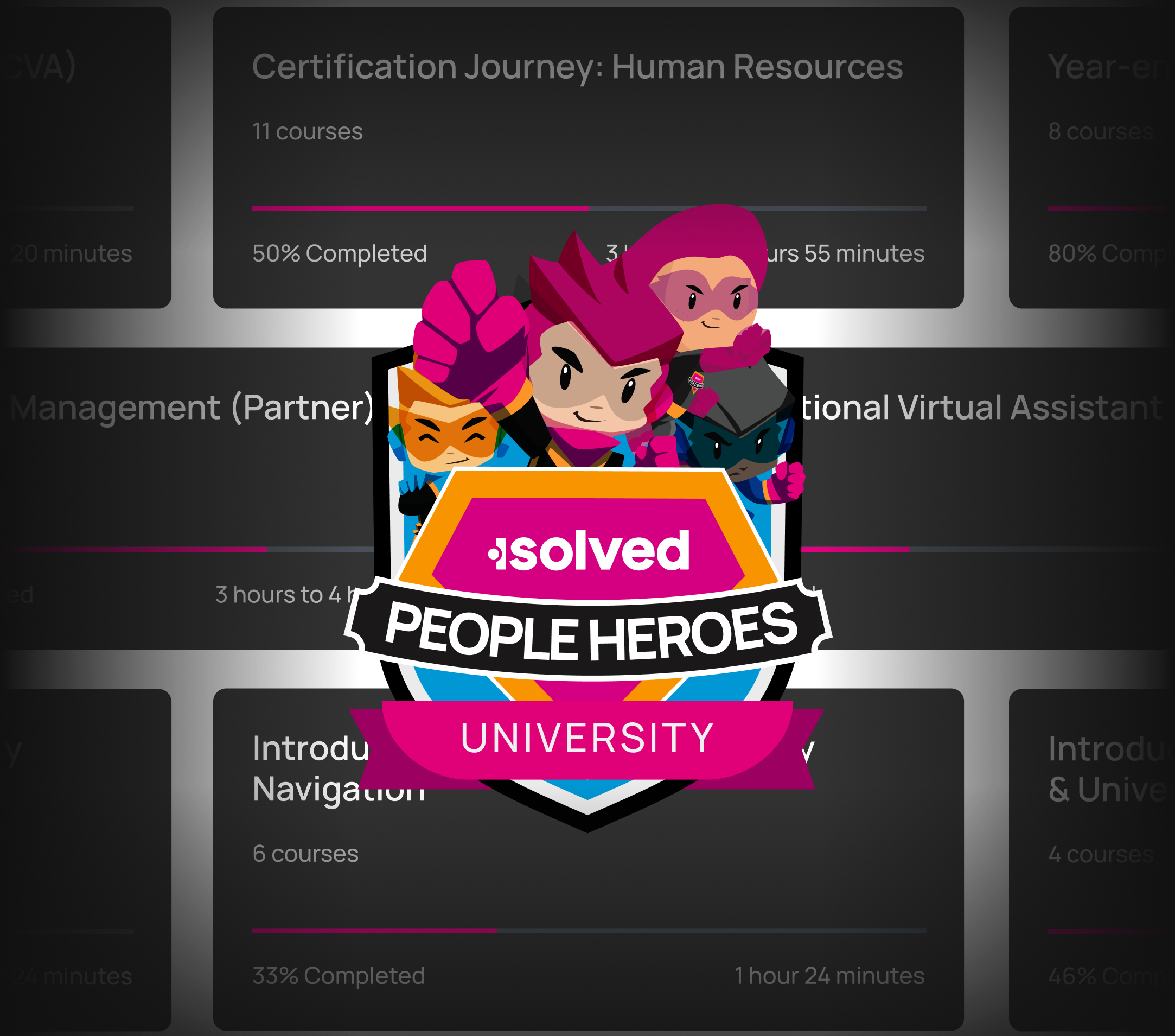 People Heroes University logo with example course names in the background