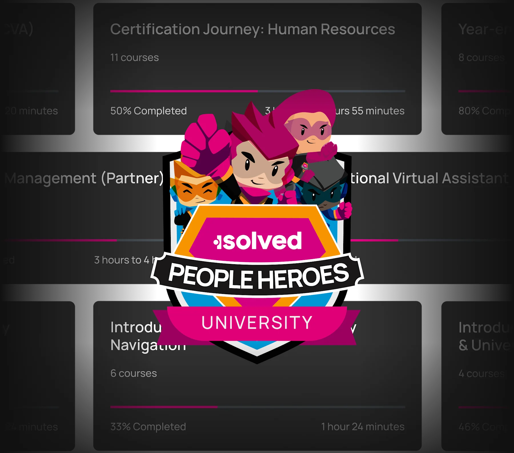People Heroes University logo with example course names in the background