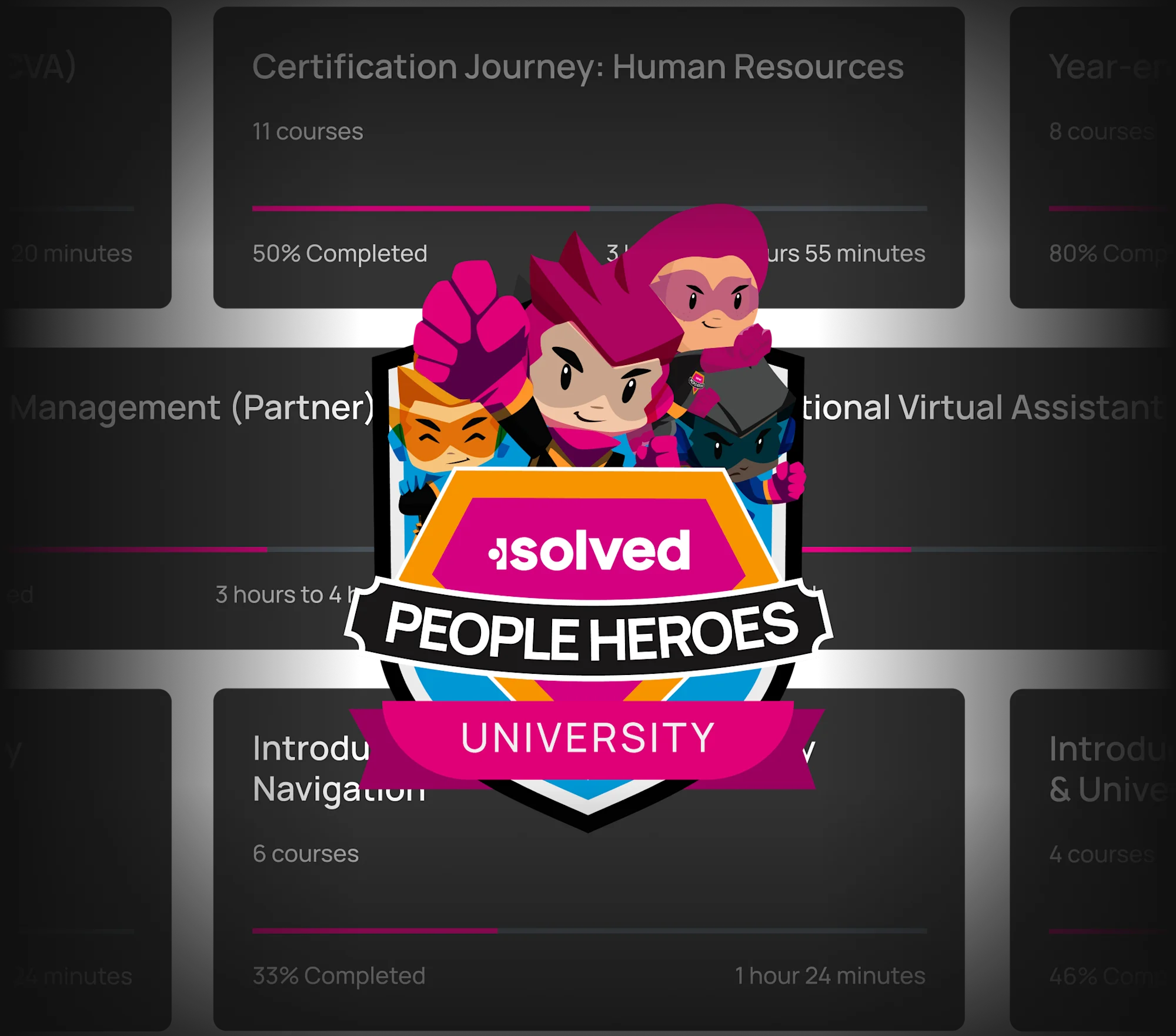 People Heroes University logo with example course names in the background
