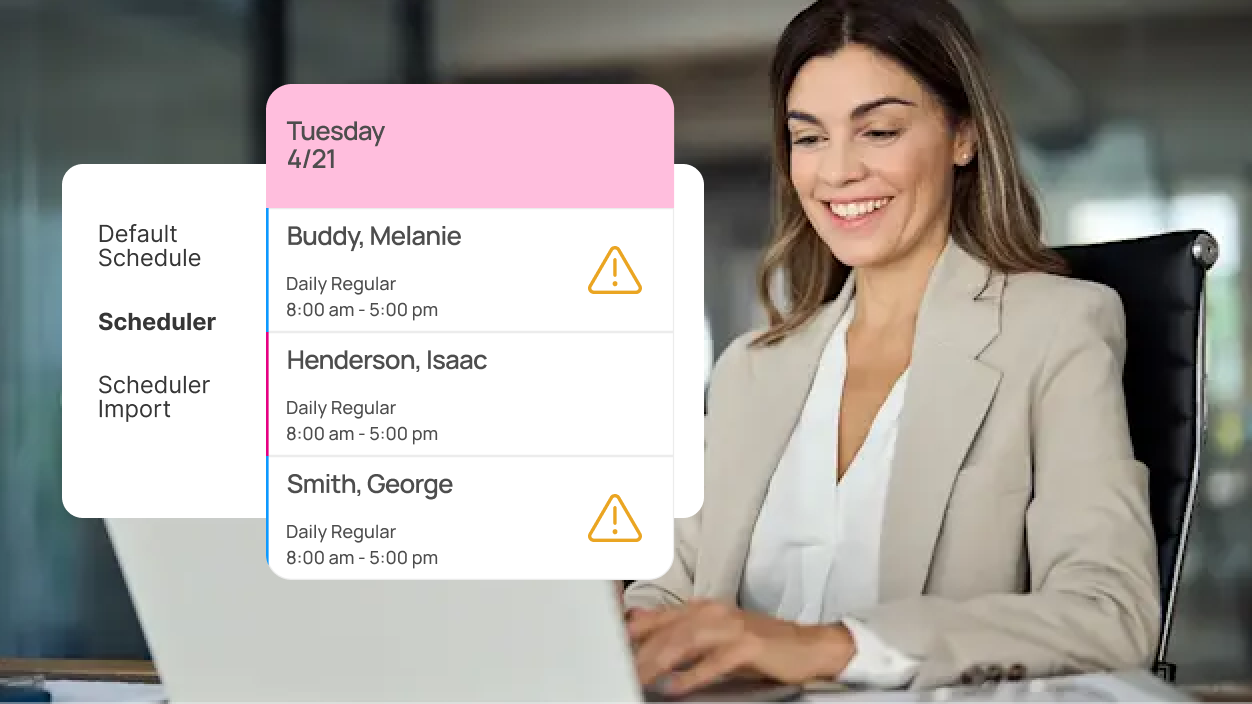 manager on computer communicating schedules to workers