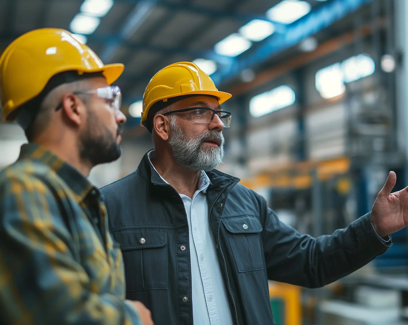 manufacturing workers discuss plant on floor
