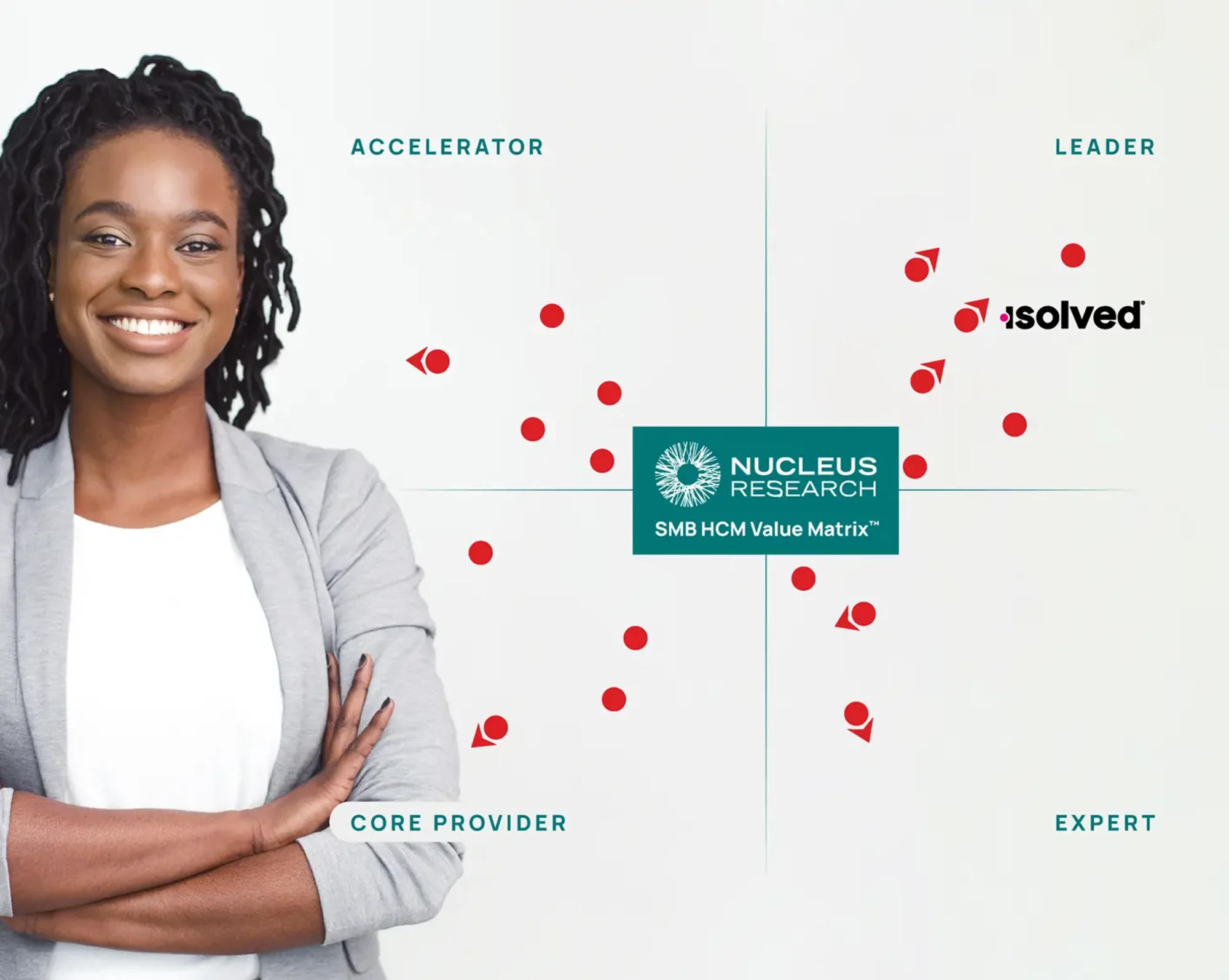 woman smiling with chart of nucleus research chart