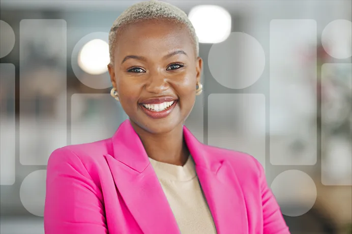 Woman in pink blazer