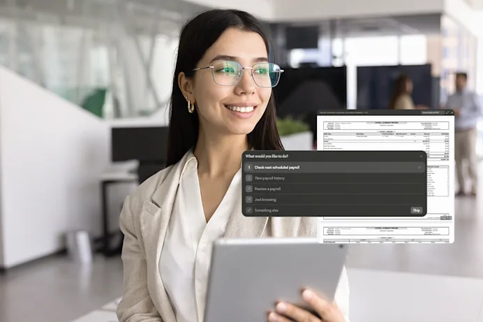 A woman with a tablet with an overlay of AI prompts