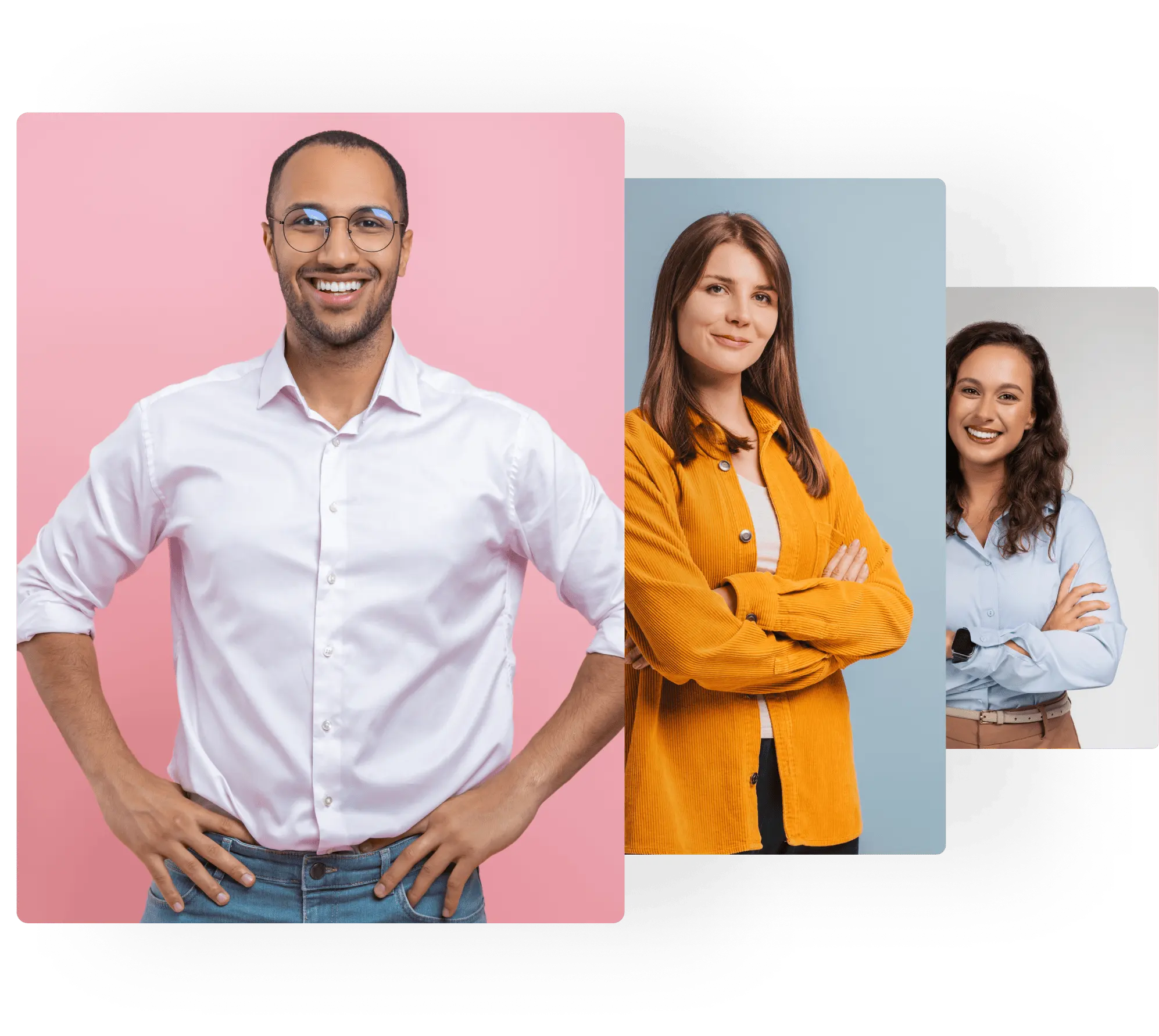 A stack of 3 portraits of smiling professionals