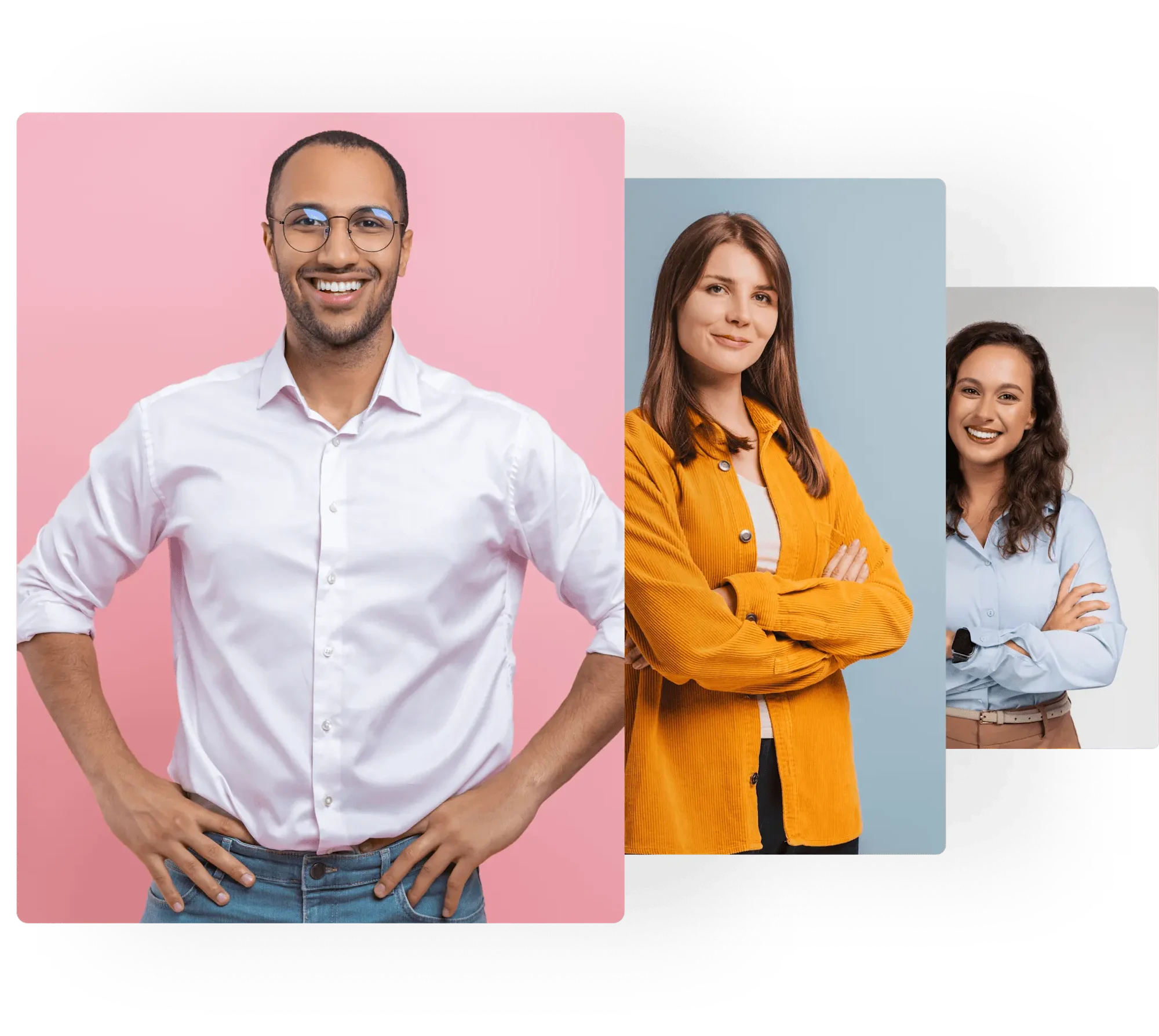 A stack of 3 portraits of smiling professionals