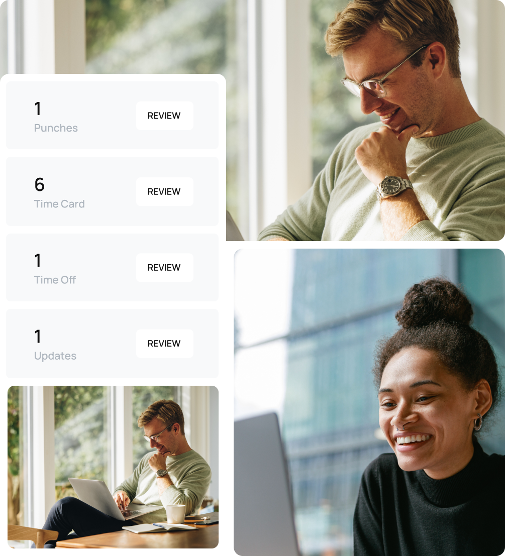Two people look at software on their laptop monitors