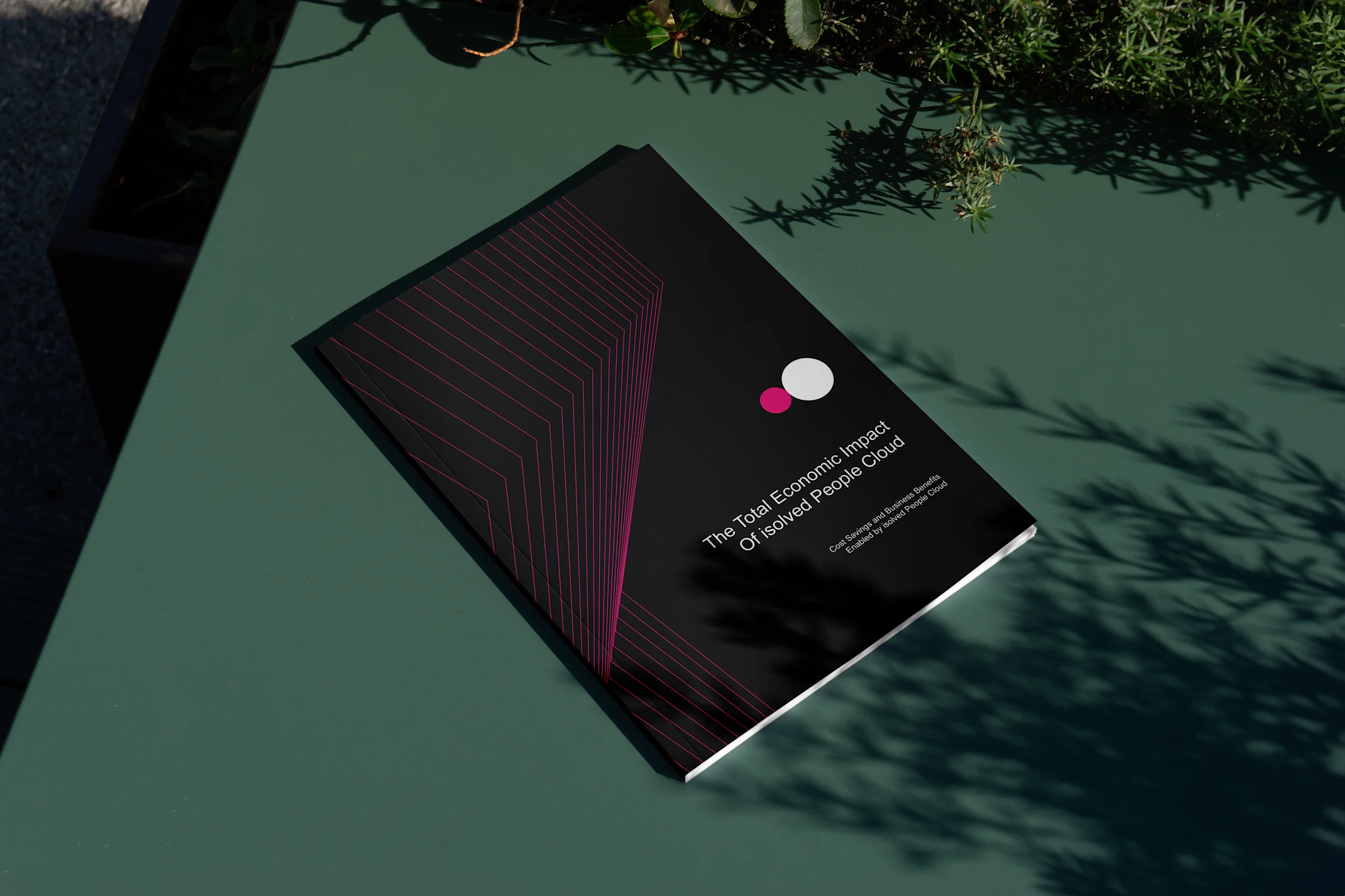 A pamphlet sitting on a table with the title "The Total Economic Impact of isolved People Cloud"