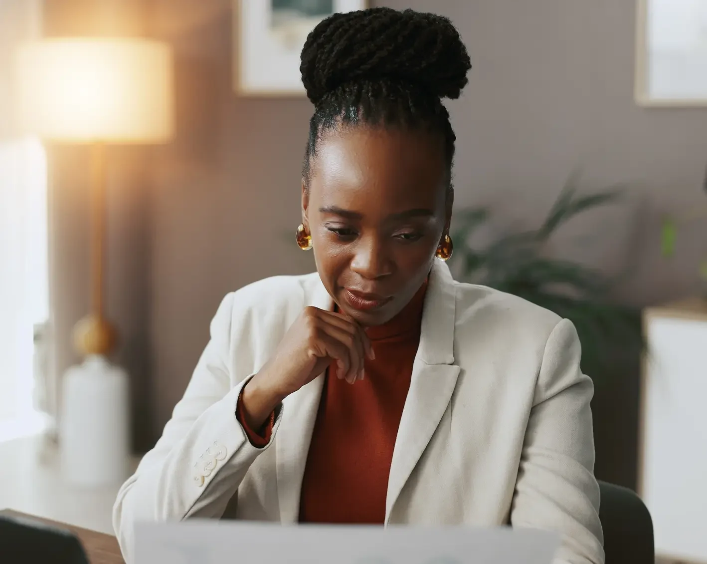 client reading a document about growing her business