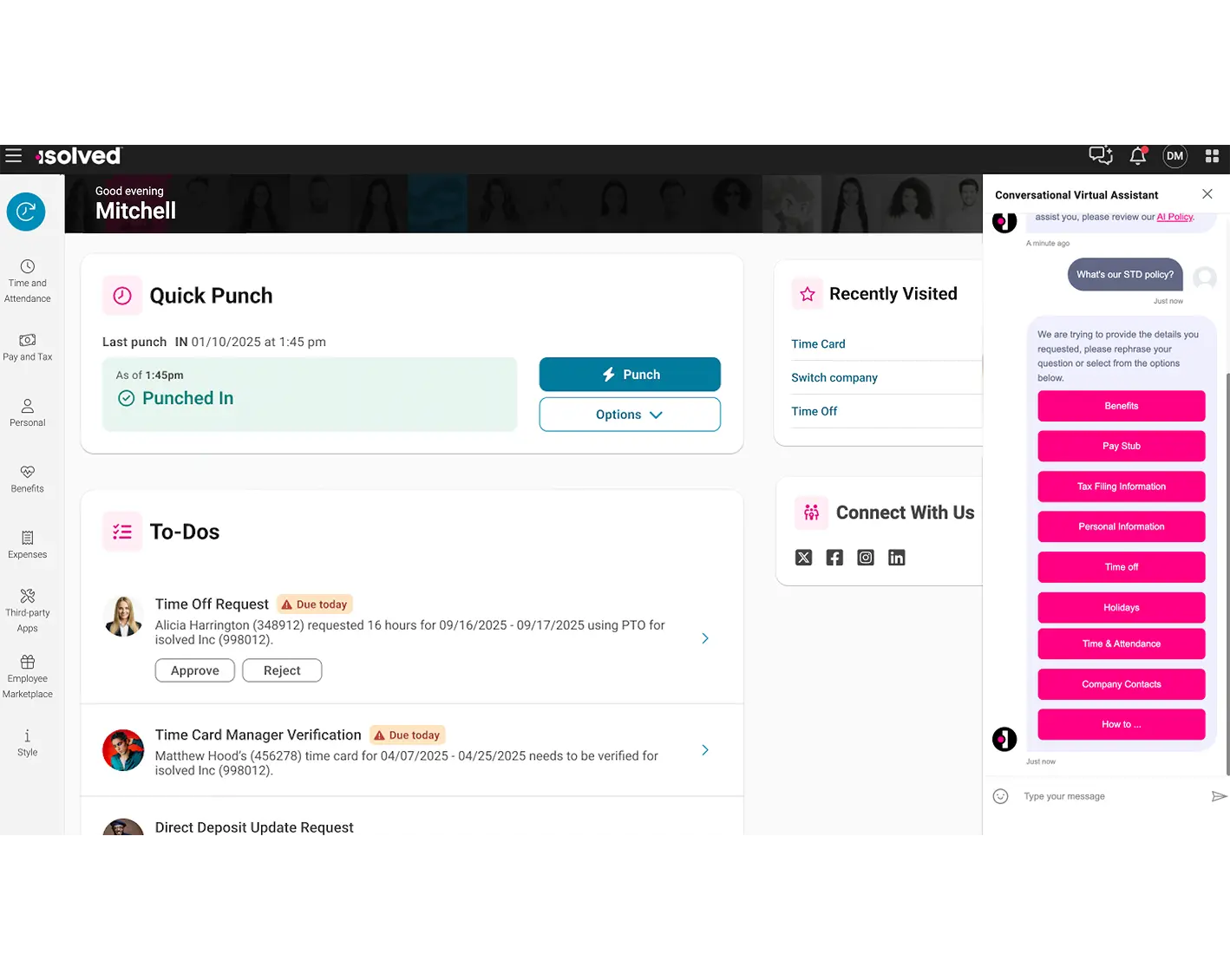 screen showing employee self service