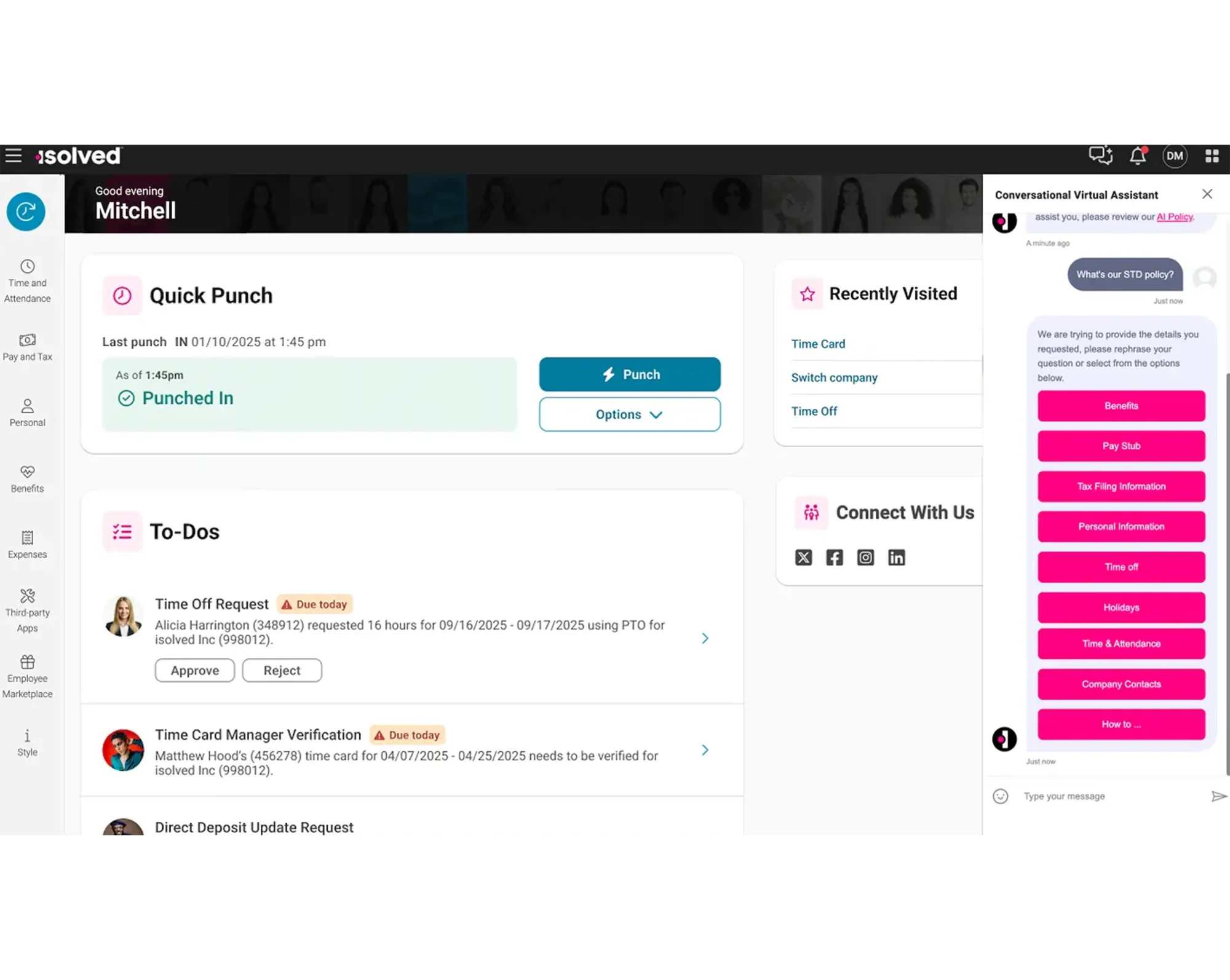 screen showing employee self service