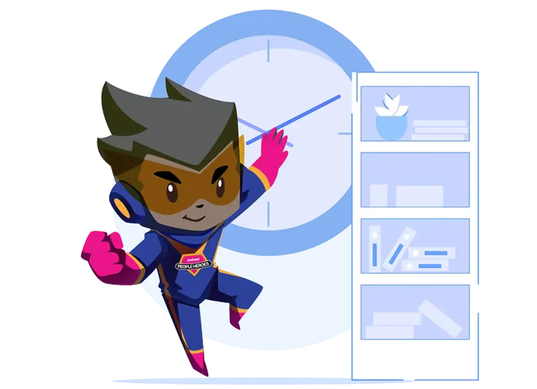 superhero with clock and bookcase