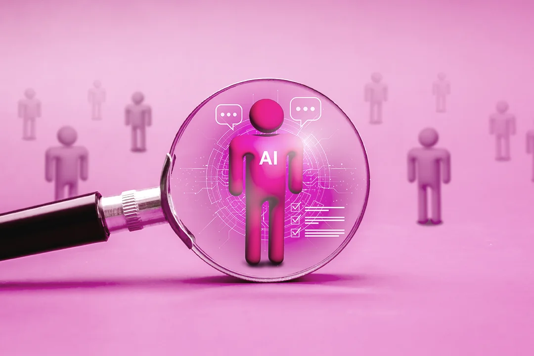 Graphic of a magnifying glass looking at a cartoon person