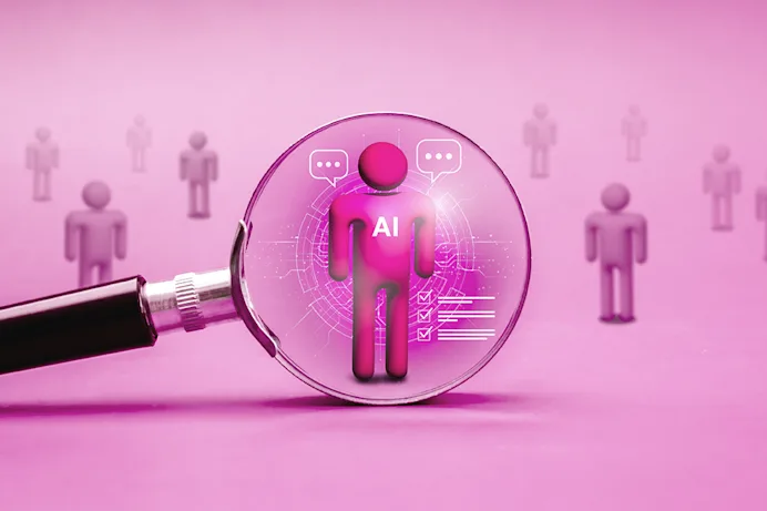 Graphic of a magnifying glass looking at a cartoon person