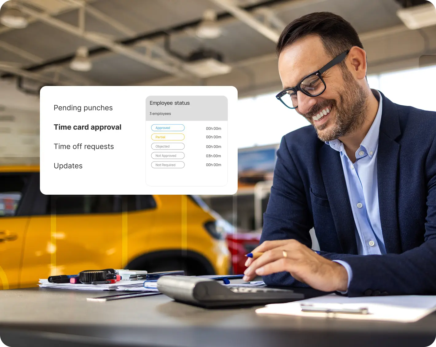 dealership manager checking time card punches