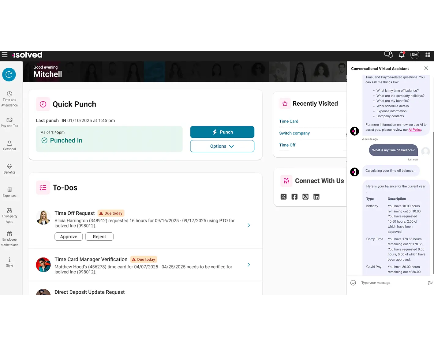 screen showing instant answers for hr