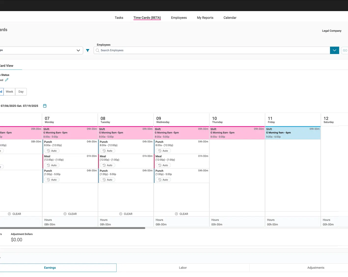 screen of example of employee time attendance 