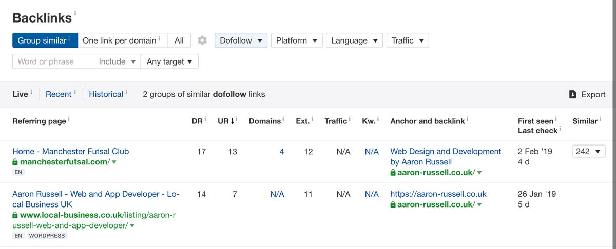 A screenshot on how many dofollow links are linking to my site.