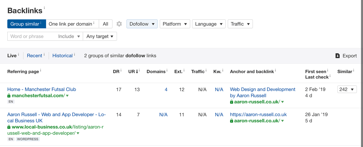 A screenshot on how many dofollow links are linking to my site.