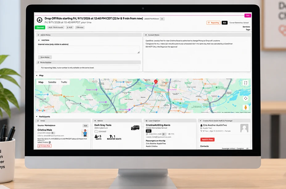 Safe Ride Support operations dashboard on a desktop monitor showing a ride with participants, map, and admin notes