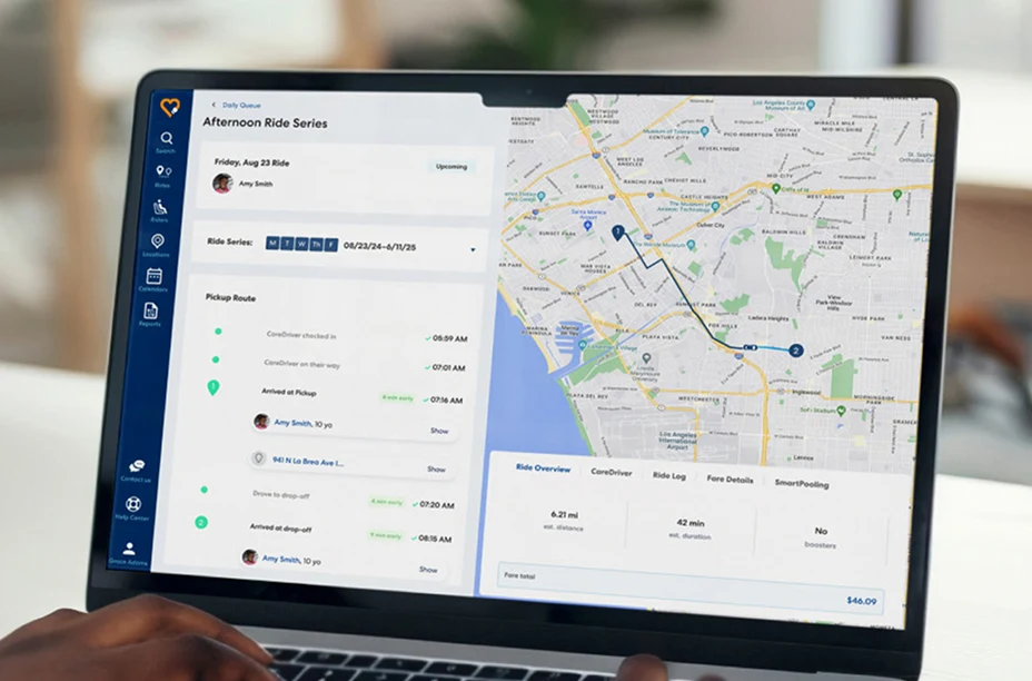 RideIQ dashboard on a laptop showing an Afternoon Ride Series with route timeline and map