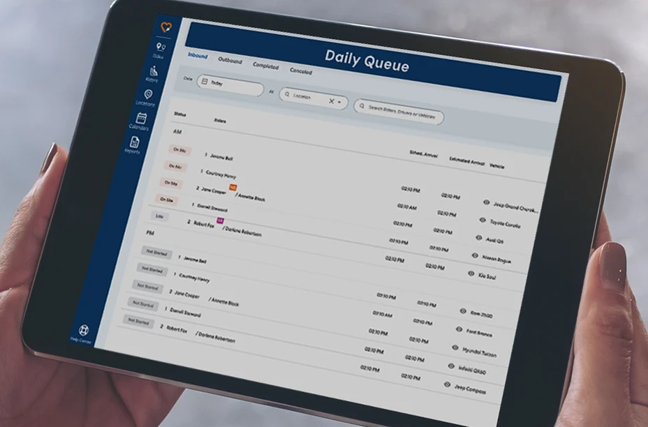 Daily Queue on a tablet showing an inbound ride list with rider names, statuses, estimated arrivals, and vehicles