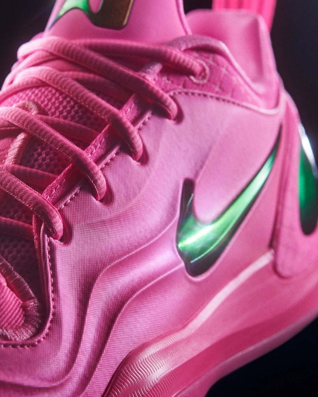 Nike A'Two A'Pink Shoe – close-up detail of pink basketball shoe with iridescent Swoosh and pearl-inspired upper