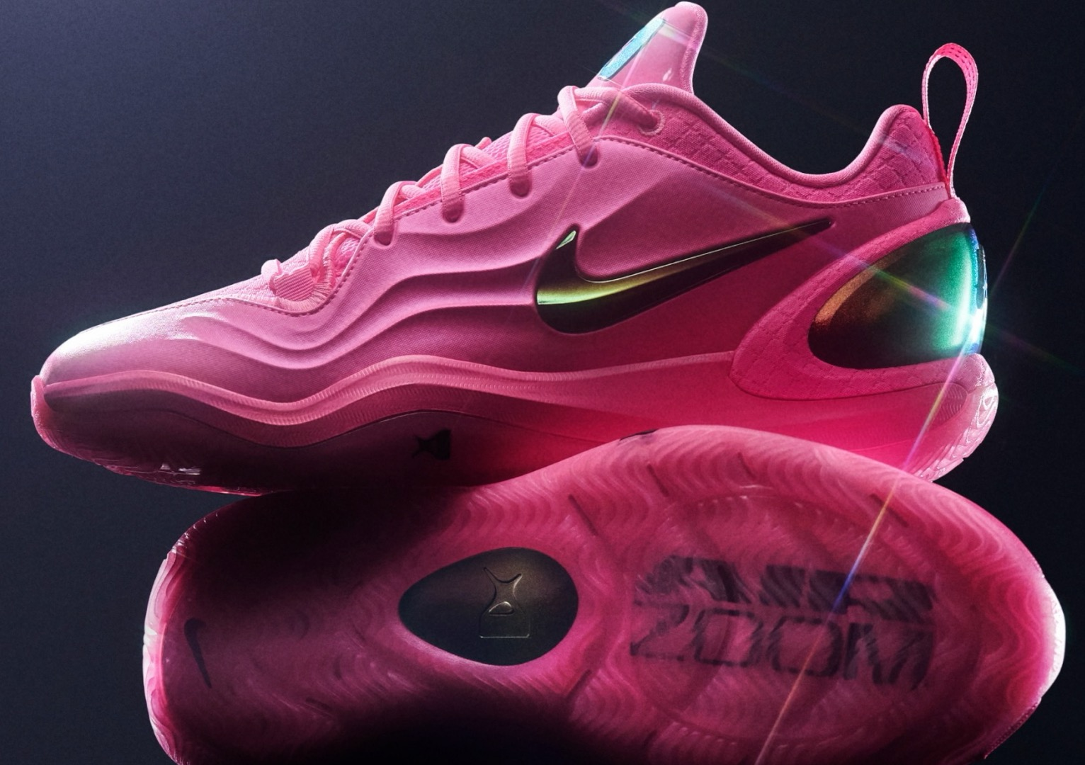 Nike A'Two A'Pink Shoe basketball sneaker – lateral view with iridescent Swoosh, Cushlon 3.0 sole and A'ja Wilson logo